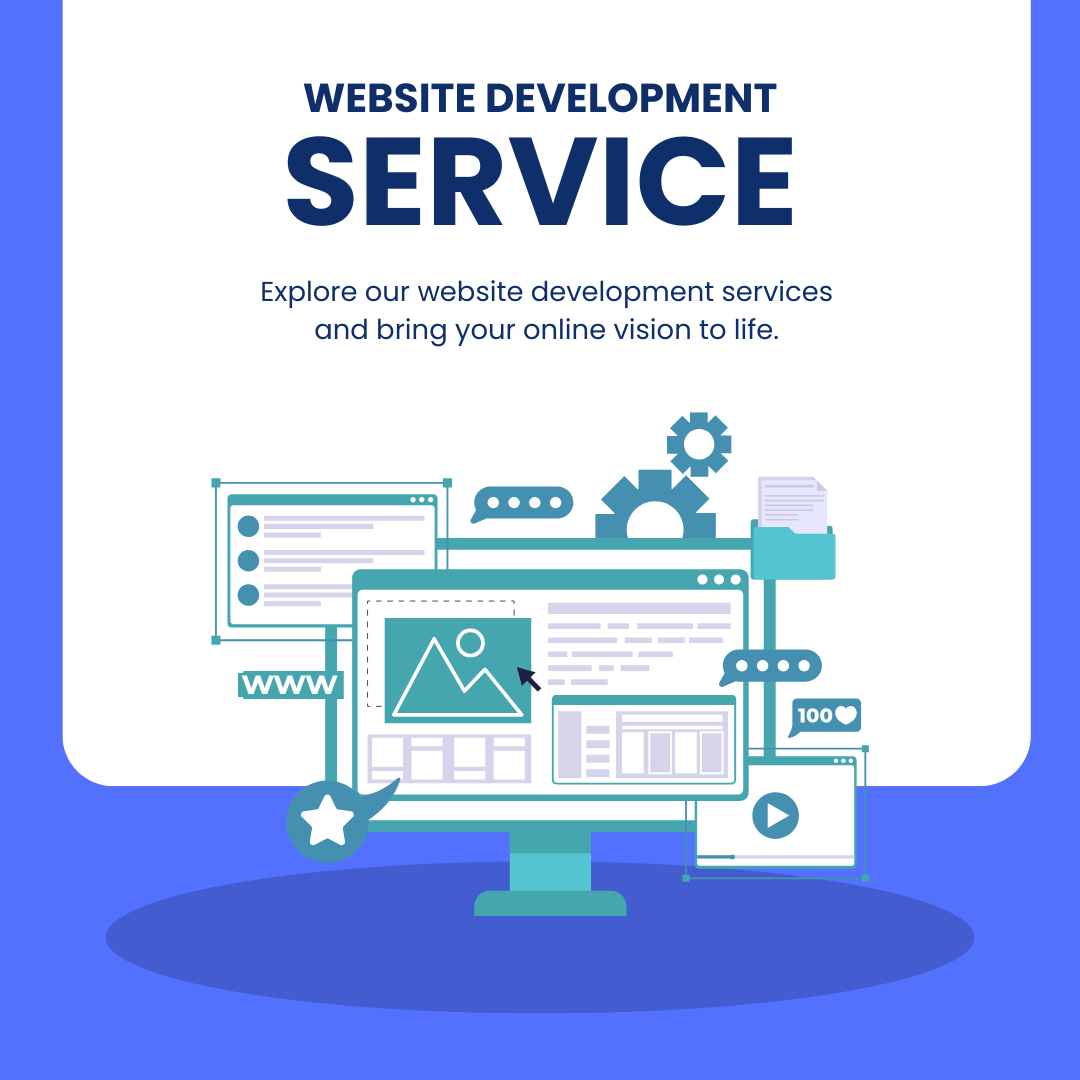 blue and white illustrative website development service instagram post